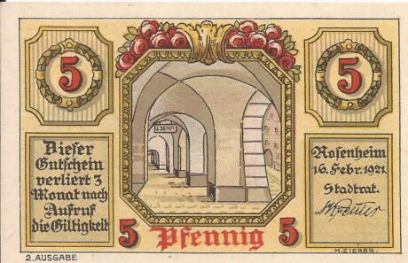 Аверс банкноты 5 fenigów (Niemcy) 1921