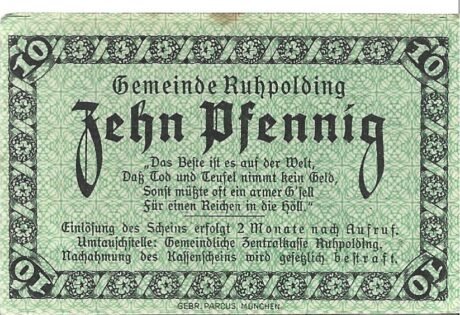 Реверс банкноты 10 fenigów (Niemcy) 1920