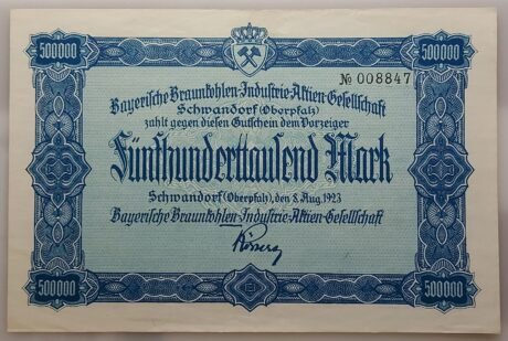 Аверс банкноты 500000 марок Bayerische Braunkohlen-Industrie (Германия) 1923 года