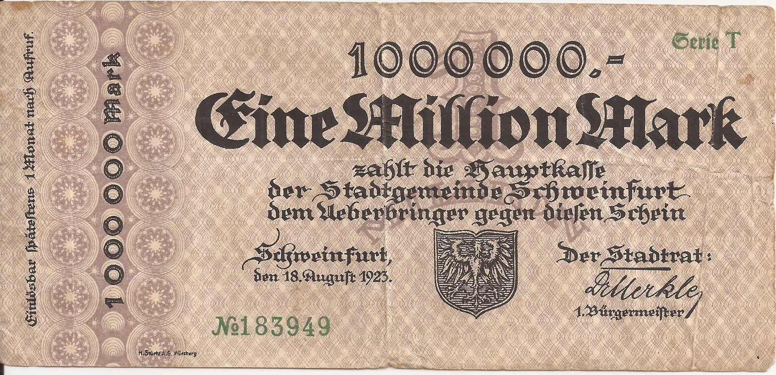 Аверс банкноты 1000000 марок (Германия) 1923 года