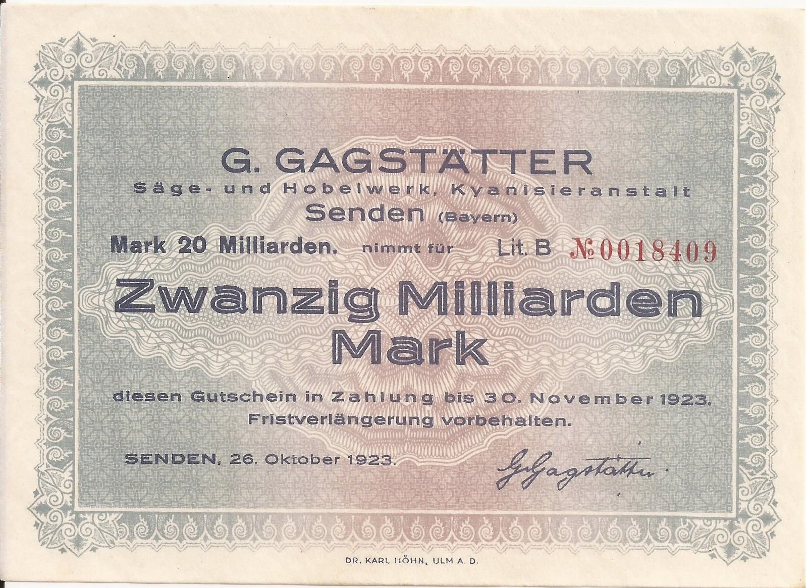 Аверс банкноты 20000000000 марок G. Gagstätter (Германия) 1923 года