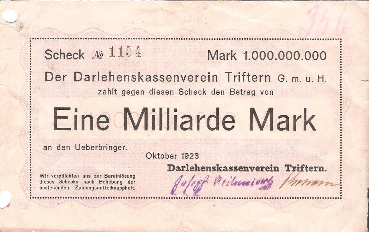 Аверс банкноты 1000000000 марок Darlehenskassenverein (Германия) 1923 года