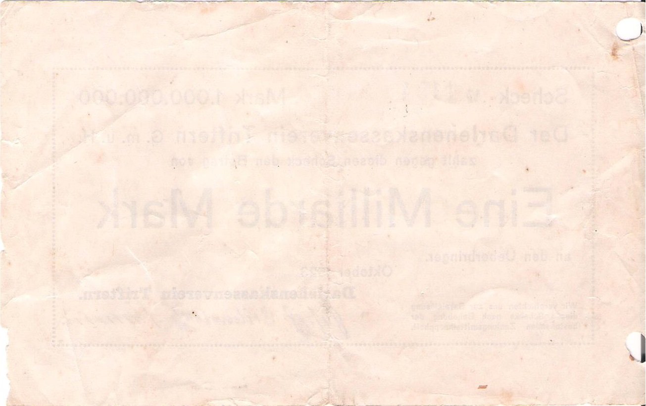 Реверс банкноты 1000000000 марок Darlehenskassenverein (Германия) 1923 года