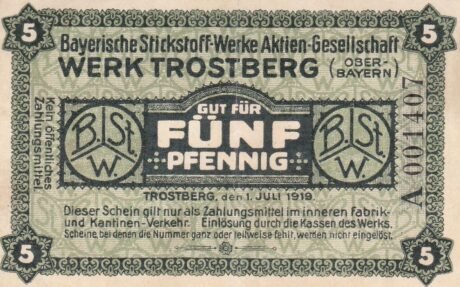 Аверс банкноты 5 fenigów Bayerische Stickstoff-Werke (Niemcy) 1919