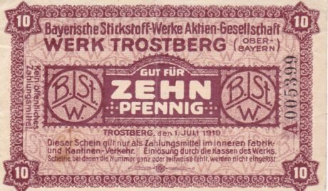 Аверс банкноты 10 fenigów Bayerische Stickstoff-Werke (Niemcy) 1919