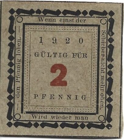Аверс банкноты 2 fenigów Sparkasse (Niemcy) 1920