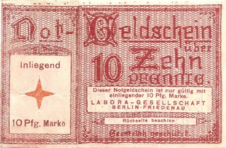 Аверс банкноты 10 fenigów Labora-Gesellschaft (Niemcy)