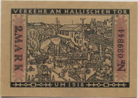 Реверс банкноты 2 марки Straßenbahn Berlin; Issue 10 — Verkehr am Hallischen Tor (Германия) 1922 года