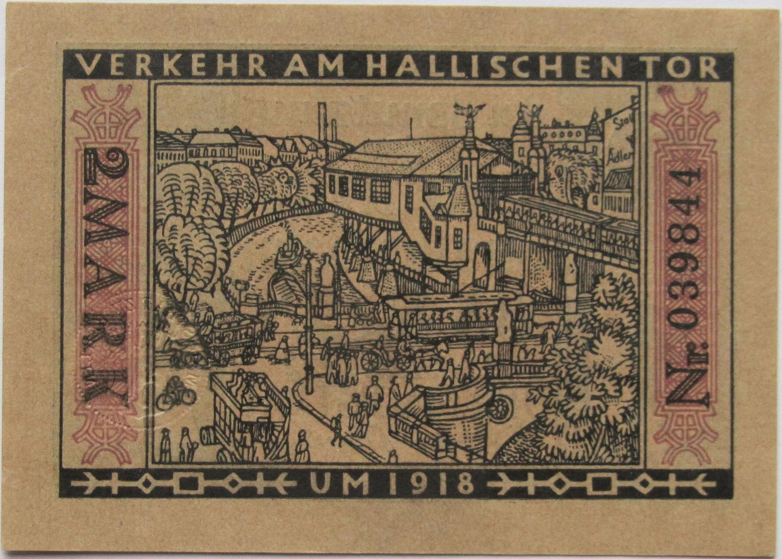 Реверс банкноты 2 марки Straßenbahn Berlin; Issue 10 - Verkehr am Hallischen Tor (Германия) 1922 года