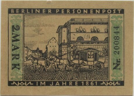 Реверс банкноты 2 марки Straßenbahn Berlin; Issue 3 — Berliner Personenpost (Германия) 1922 года