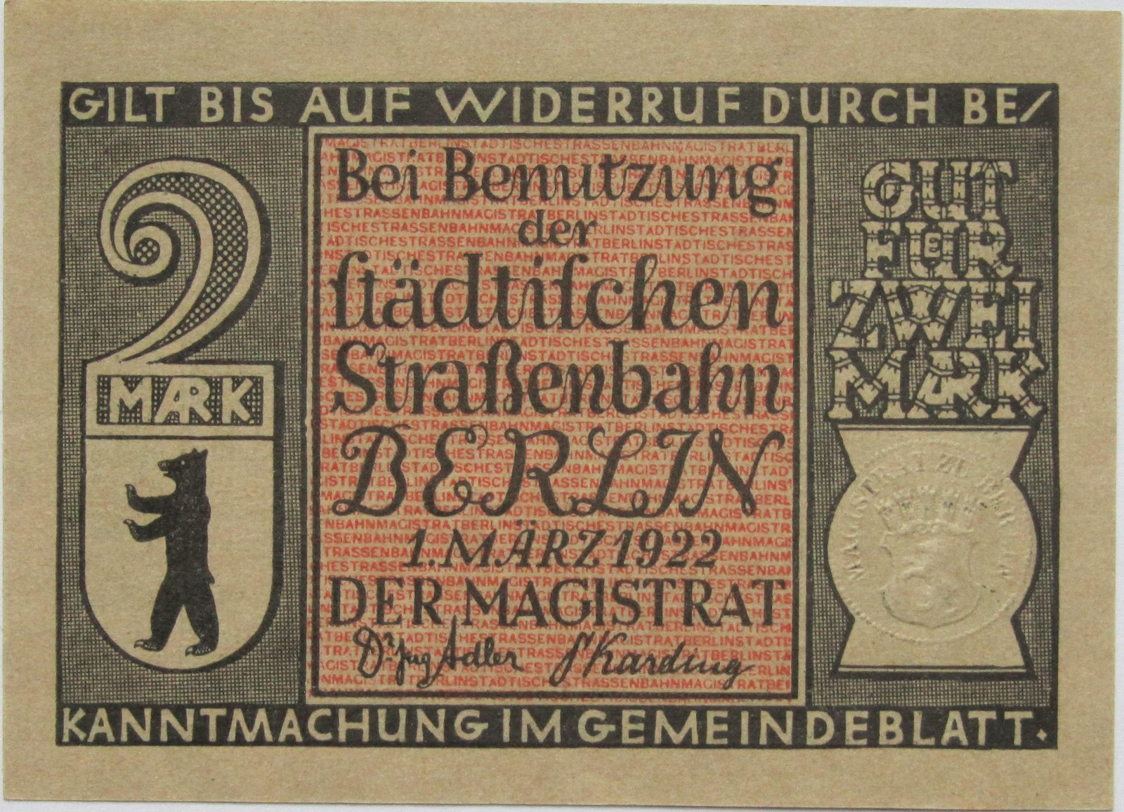 Аверс банкноты 2 марки Straßenbahn Berlin; Issue 4 - Berliner Pferdeeisenbahn (Германия) 1922 года