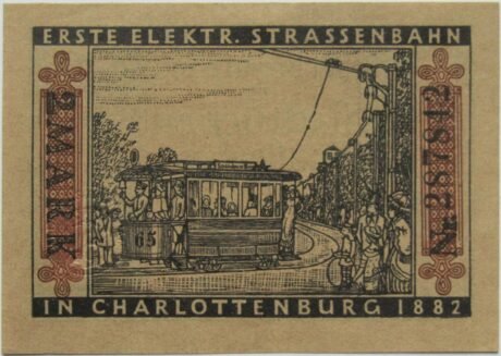 Реверс банкноты 2 марки Straßenbahn Berlin; Issue 7 — Erste elektr. Straßenbahn (Германия) 1922 года