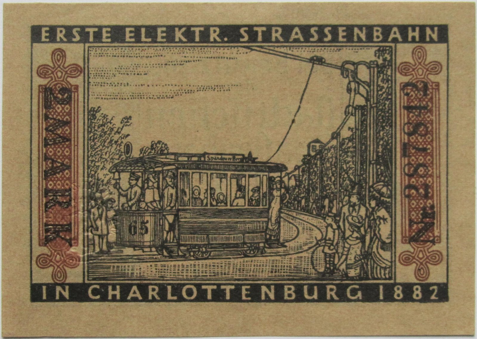 Реверс банкноты 2 марки Straßenbahn Berlin; Issue 7 - Erste elektr. Straßenbahn (Германия) 1922 года