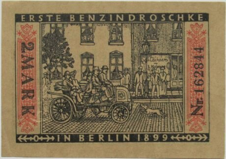 Реверс банкноты 2 марки Straßenbahn Berlin; Issue 8 — Erste Benzindroschke (Германия) 1922 года