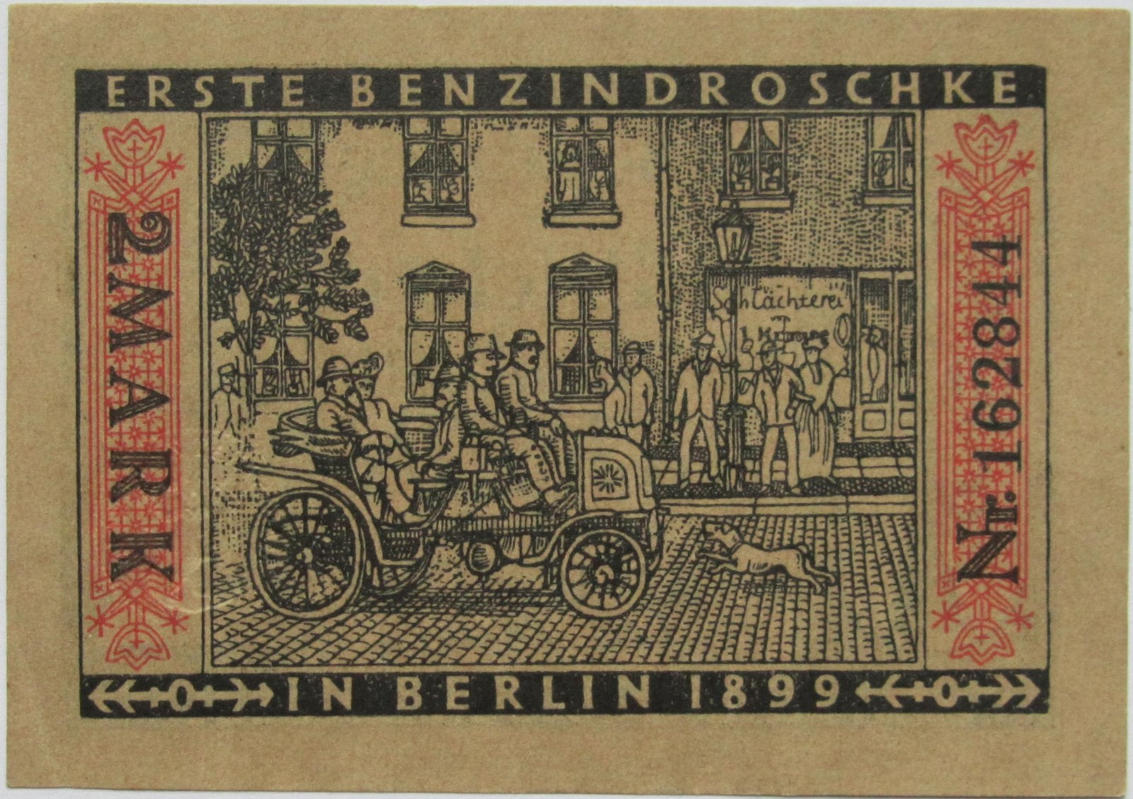 Реверс банкноты 2 марки Straßenbahn Berlin; Issue 8 - Erste Benzindroschke (Германия) 1922 года