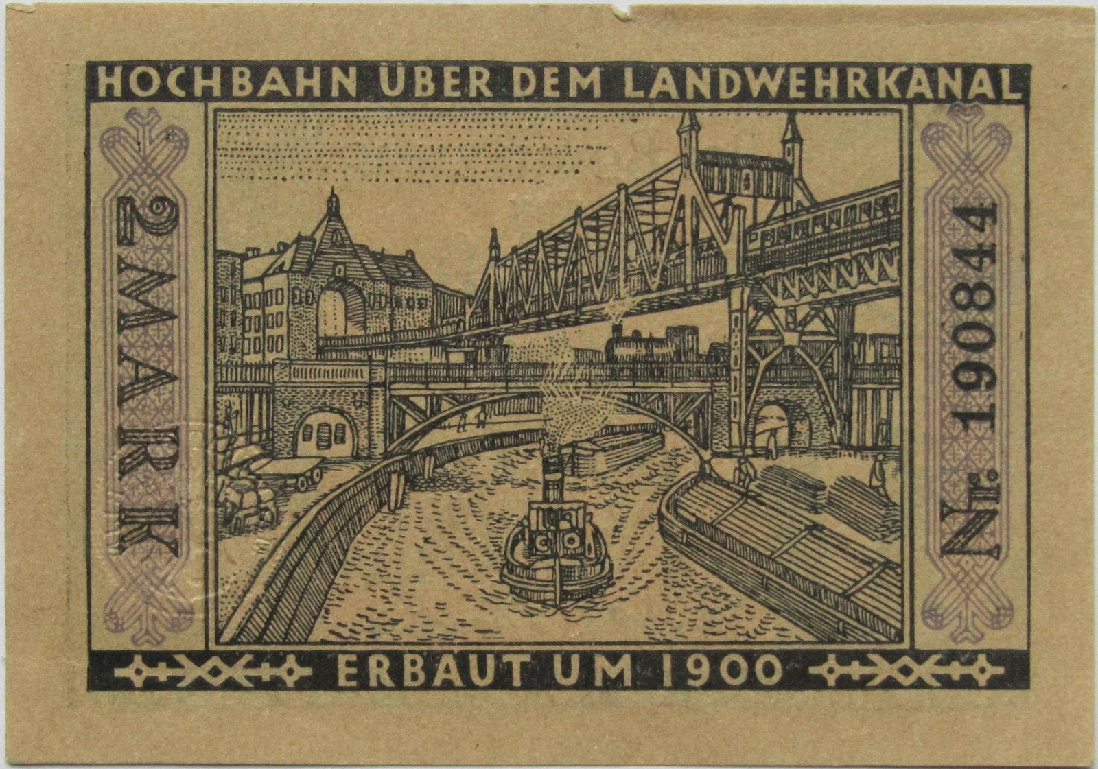 Реверс банкноты 2 марки Straßenbahn Berlin; Issue 9 - Hochbahn über dem Landwehrkanal (Германия) 1922 года