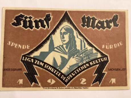 Аверс банкноты 5 znaków Związku Kultury Niemieckiej (Niemcy) z 1921 r.