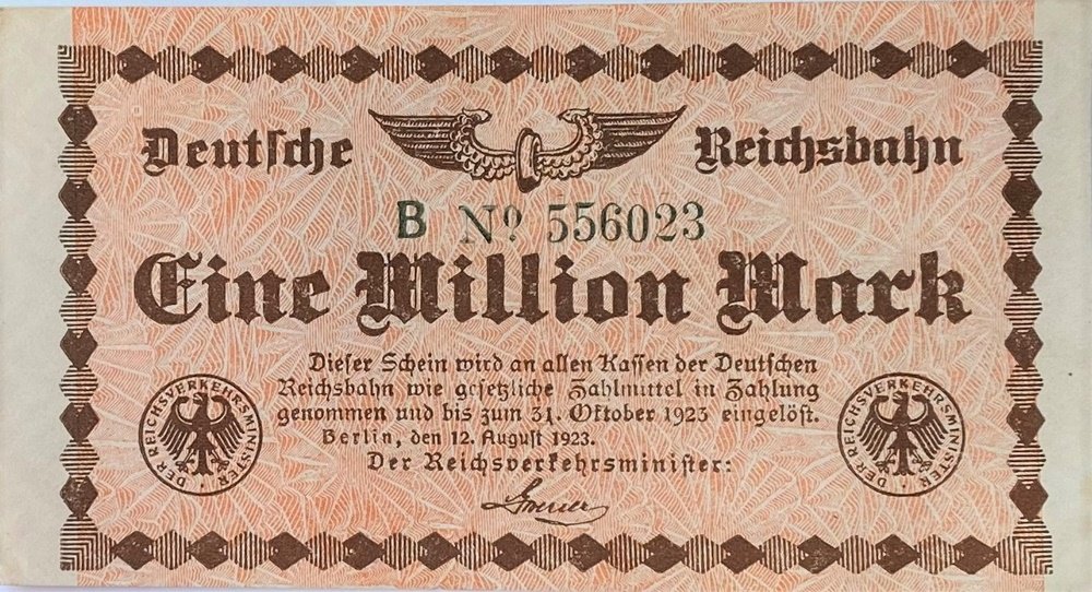 Аверс банкноты 1000000 марок Deutsche Reichsbahn (Германия) 1923 года