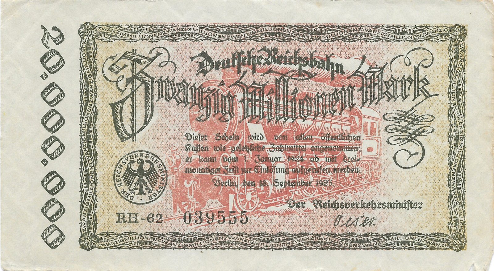 Аверс банкноты 20000000 марок Deutsche Reichsbahn (Германия) 1923 года