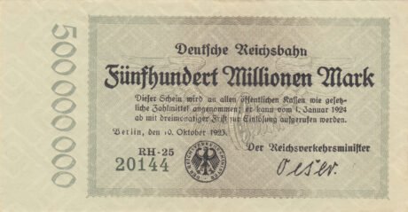 Аверс банкноты 500 000 000 marek Deutsche Reichsbahn (Niemcy), 1923