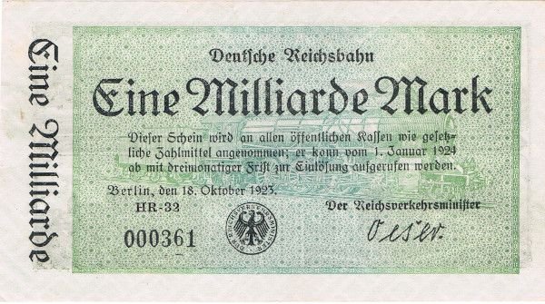 Аверс банкноты 1000000000 марок Deutsche Reichsbahn (Германия) 1923 года