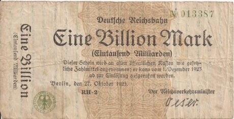 Аверс банкноты 1000000000000 марок Deutsche Reichsbahn (Германия) 1923 года
