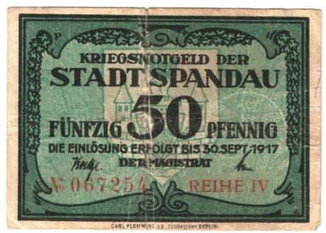 Аверс банкноты 50 fenigów Spandau (Niemcy) 1917