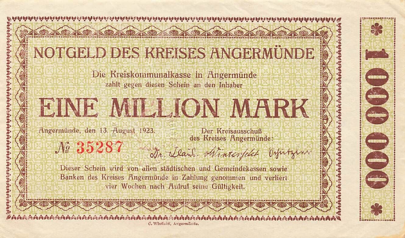 Аверс банкноты 1000000 марок Kreis Angermünde (Германия) 1923 года