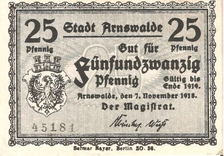 Аверс банкноты 25 fenigów (Niemcy) 1918