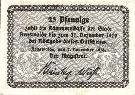 Реверс банкноты 25 fenigów (Niemcy) 1918