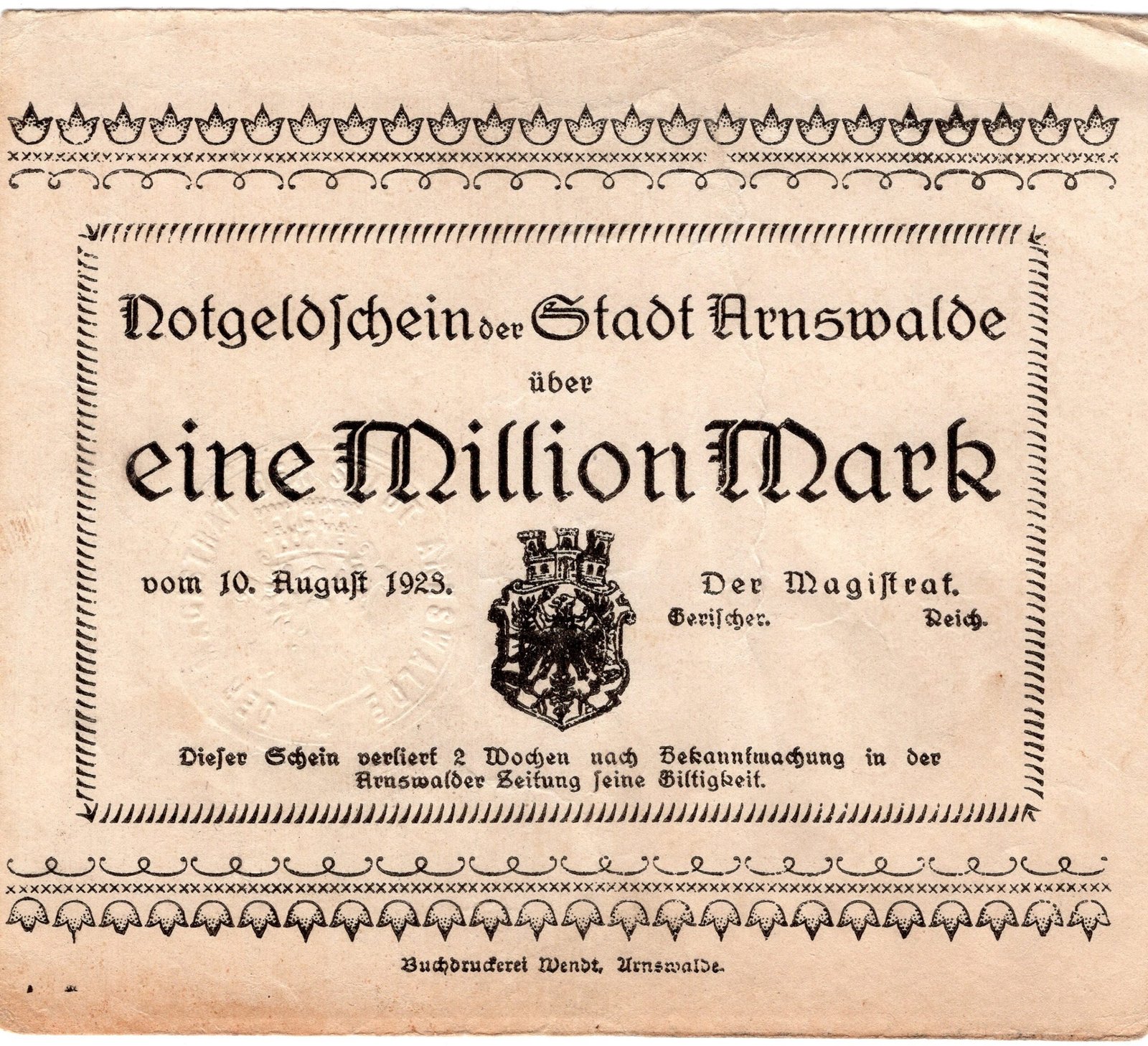 Аверс банкноты 1000000 марок (Германия) 1923 года