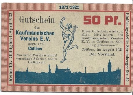 Аверс банкноты 50 fenigów Kaufmännischer Verein (Niemcy) 1921