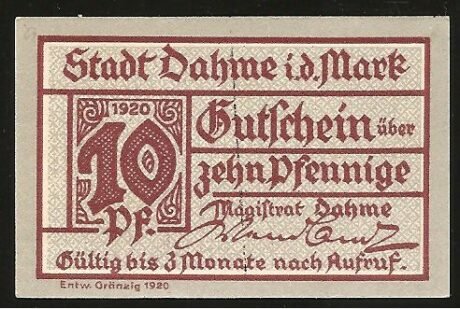 Аверс банкноты 10 fenigów (Niemcy) 1920