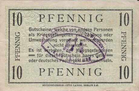 Реверс банкноты 10 fenigów Gefangenen-Lager (Niemcy) 1915