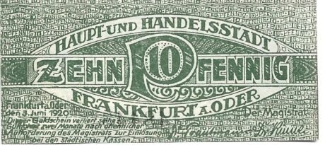 Реверс банкноты 10 fenigów (Niemcy) 1920