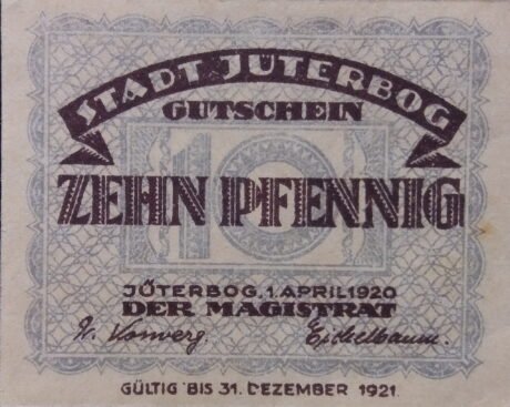 Аверс банкноты 10 fenigów (Niemcy) 1920