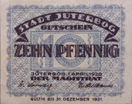 Реверс банкноты 10 fenigów (Niemcy) 1920