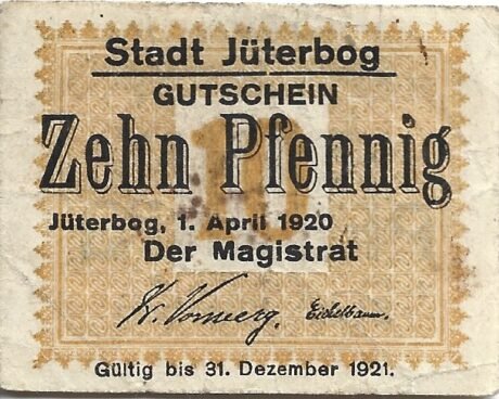 Аверс банкноты 10 fenigów (Niemcy) 1920