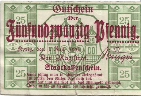 Аверс банкноты 25 fenigów (Niemcy) 1920