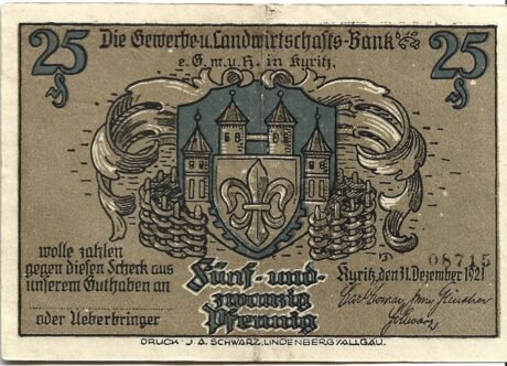 Аверс банкноты 25 fenigów Gewerbe- und Landwirtschafts-Bank (Niemcy) 1921