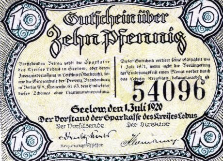 Аверс банкноты 10 Pfennig Sparkasse des Kreises Lebus (Niemcy) 1920