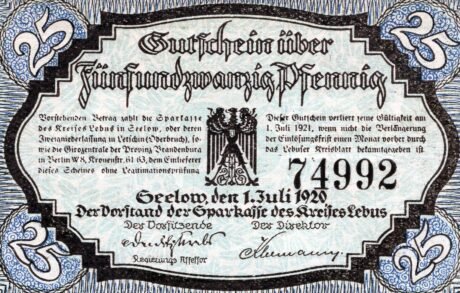 Аверс банкноты 25 пфеннигов Sparkasse des Kreises Lebus (Германия) 1920 года