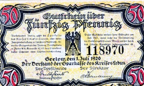 Аверс банкноты 50 пфеннигов Sparkasse des Kreises Lebus (Германия) 1920 года