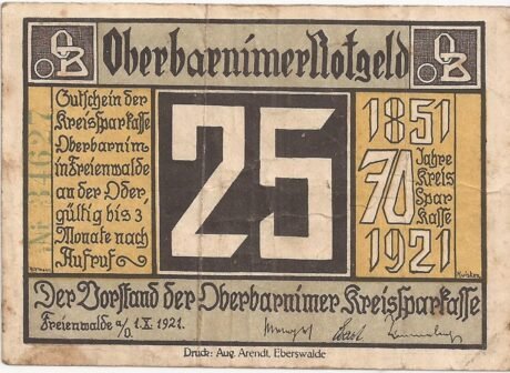 Аверс банкноты 25 fenigów Kreissparkasse (Niemcy) 1921