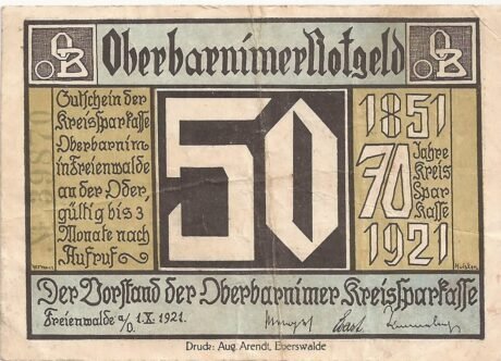 Awers banknotu 50 fenigów Kreissparkasse (Niemcy) 1921