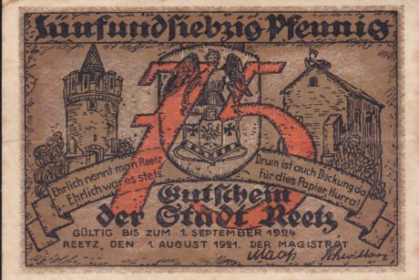 Аверс банкноты 75 fenigów (Niemcy) 1921