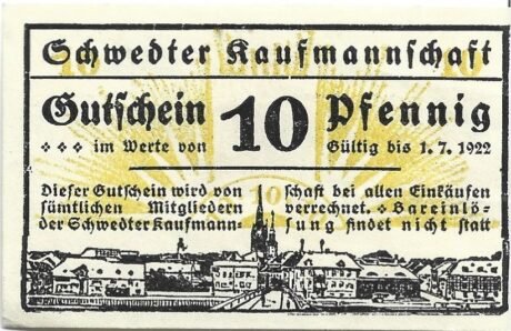 Аверс банкноты 10 fenigów Schwedter Kaufmannschaft (Niemcy) 1921