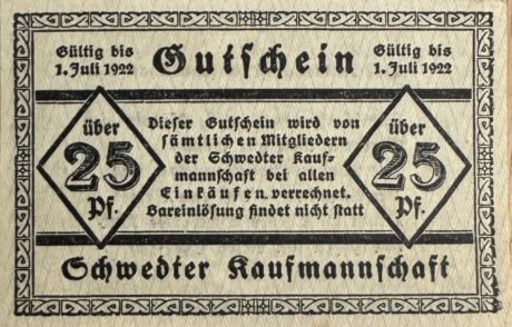 Аверс банкноты 25 fenigów Schwedter Kaufmannschaft (Niemcy) 1921