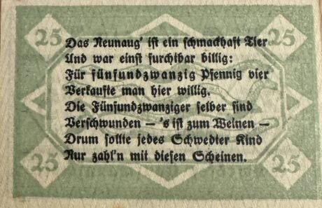 Реверс банкноты 25 fenigów Schwedter Kaufmannschaft (Niemcy) 1921