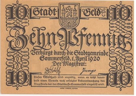 Аверс банкноты 10 fenigów (Niemcy) 1921